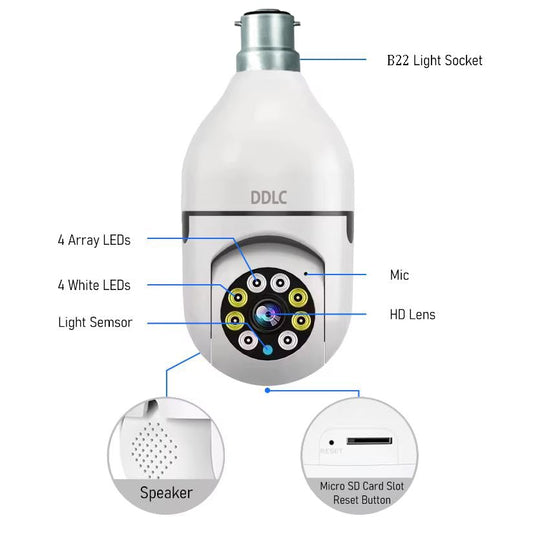 DDLC :- 1080p HD Bulb Light Wireless IP Camera, Fish Eye 360 Degree Panoramic Mini Lamp IR Home Security Wireless CCTV Camera (Light Bulb)