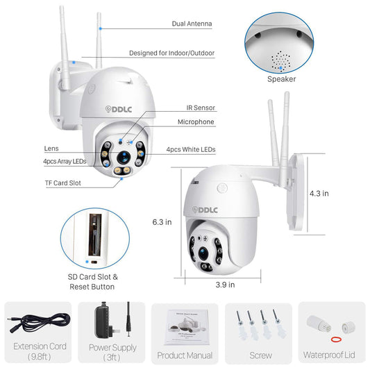 DDLC Wi-Fi Smart Outdoor 355° PTZ Camera with Live Monitoring| Two-Way Audio| Motion Detection| Alarm |SD Card Recording| Cloud Storage | Full-Color | IP66 All Weather Proof (PTZ)
