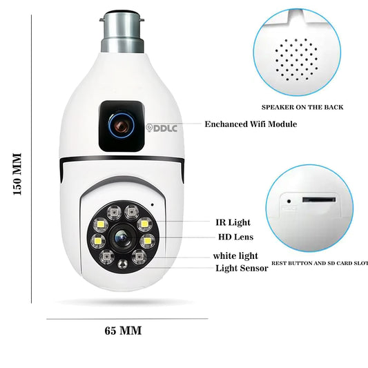 DDLC Dual Lens Light Bulb Camera Wireless  Smart Home Security WiFi Camera with Angle Adjustable Holder | 2 Megapixel Each Lens (Fixed & PTZ) | App Control, Color | max 128gb sd Card Support (Dual Lens Light Bulb)