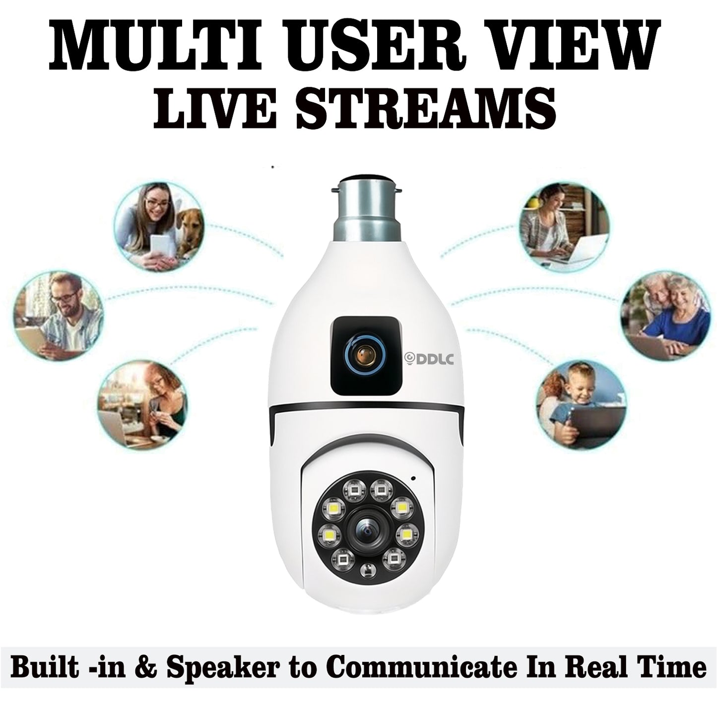 DDLC Dual Lens Light Bulb Camera Wireless  Smart Home Security WiFi Camera with Angle Adjustable Holder | 2 Megapixel Each Lens (Fixed & PTZ) | App Control, Color | max 128gb sd Card Support (Dual Lens Light Bulb)