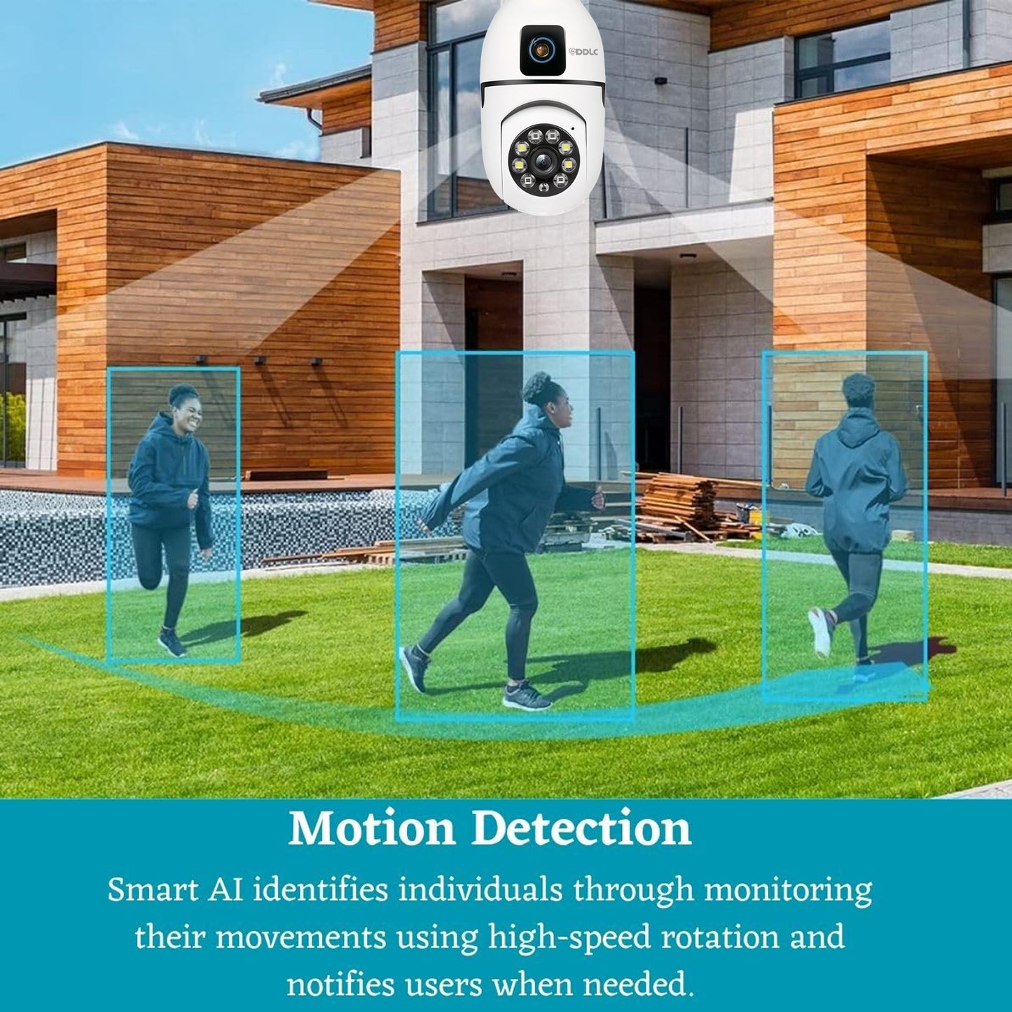 DDLC Dual Lens Light Bulb Camera Wireless  Smart Home Security WiFi Camera with Angle Adjustable Holder | 2 Megapixel Each Lens (Fixed & PTZ) | App Control, Color | max 128gb sd Card Support (Dual Lens Light Bulb)