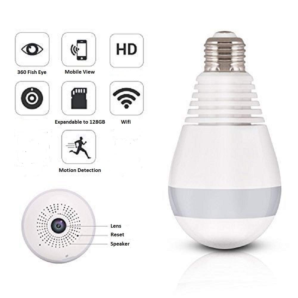 DDLC 360° 1080p HD Bulb Light Wireless IP Camera, Fish Eye 360 Degree Panoramic Mini Lamp IR CCTV Home Security CCTV Camera (Bulb Camera)