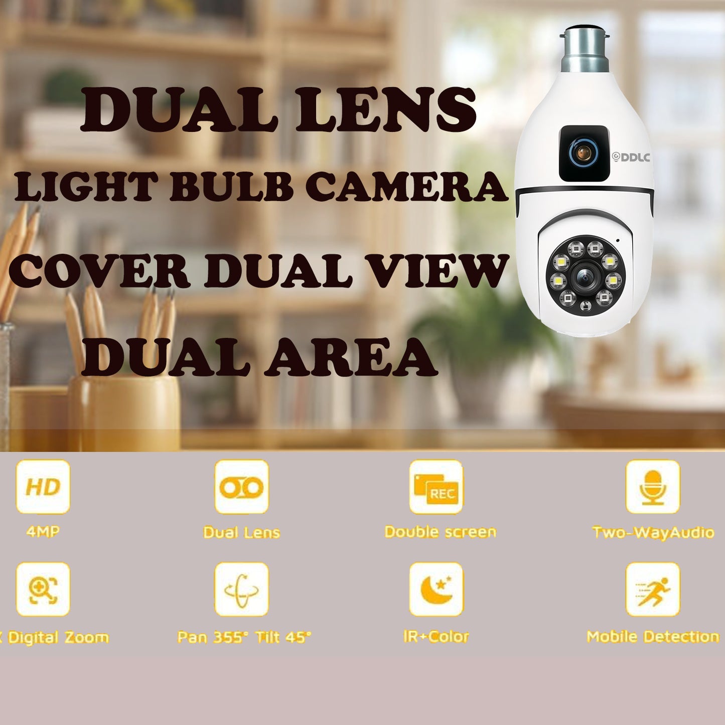 DDLC Dual Lens Light Bulb Camera Wireless  Smart Home Security WiFi Camera with Angle Adjustable Holder | 2 Megapixel Each Lens (Fixed & PTZ) | App Control, Color | max 128gb sd Card Support (Dual Lens Light Bulb)