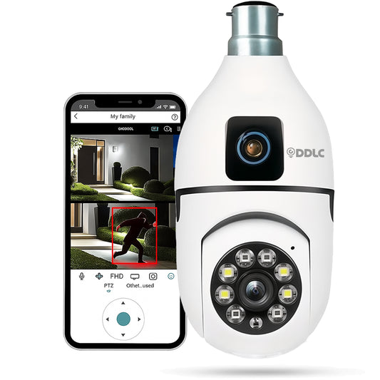 DDLC Dual Lens Light Bulb Camera Wireless  Smart Home Security WiFi Camera with Angle Adjustable Holder | 2 Megapixel Each Lens (Fixed & PTZ) | App Control, Color | max 128gb sd Card Support (Dual Lens Light Bulb)