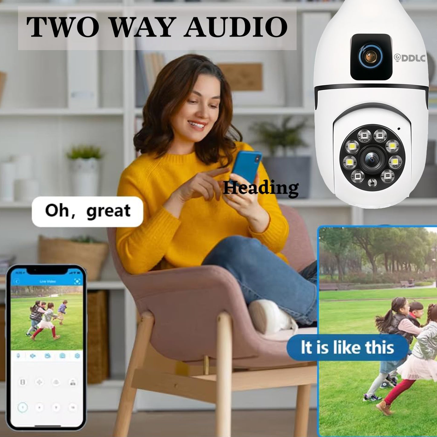 DDLC Dual Lens Light Bulb Camera Wireless  Smart Home Security WiFi Camera with Angle Adjustable Holder | 2 Megapixel Each Lens (Fixed & PTZ) | App Control, Color | max 128gb sd Card Support (Dual Lens Light Bulb)