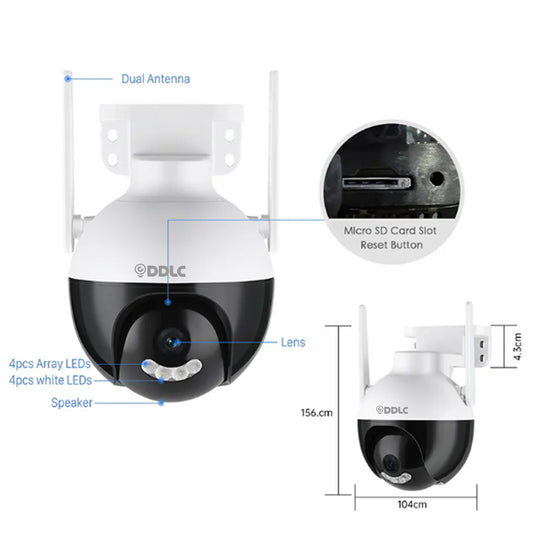 DDLC 1080P Smart 4MP FHD Wi-Fi Outdoor PTZ Security Camera with 360 Degree Video Coverage, Two-Way Audio Talk & Colored Night Vision Motion Detection and Voice Tracking (5mp FHD)