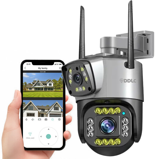 DDLC Smarthome SuperCams 6MP HD 1080p WiFi Dual Lens/Dual Screen Video Record Color Bullet+360° PTZ Control, IP66 Waterproof Outdoor Camera (1103 ptz)