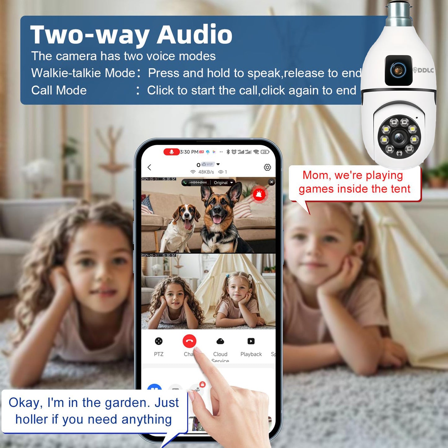 DDLC Dual Lens Light Bulb Camera Wireless  Smart Home Security WiFi Camera with Angle Adjustable Holder | 2 Megapixel Each Lens (Fixed & PTZ) | App Control, Color | max 128gb sd Card Support (Dual Lens Light Bulb)