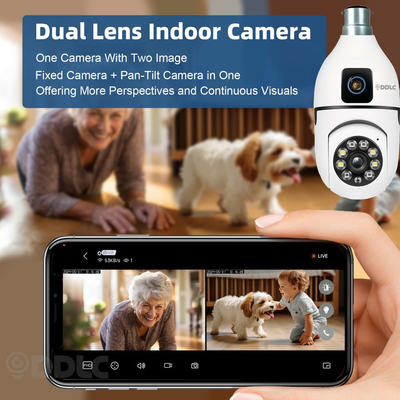 DDLC Dual Lens Light Bulb Camera Wireless  Smart Home Security WiFi Camera with Angle Adjustable Holder | 2 Megapixel Each Lens (Fixed & PTZ) | App Control, Color | max 128gb sd Card Support (Dual Lens Light Bulb)
