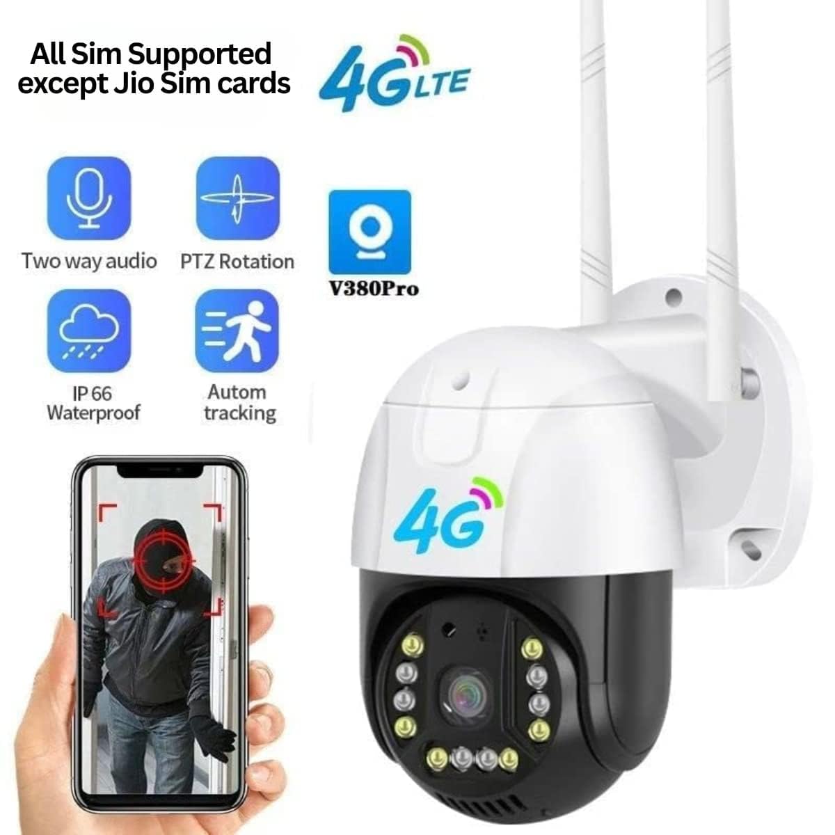 DDLC 4G SIM(All Supported) Gorilla 5MP Full HD IP66 Outdoor V380 Wireless PTZ Security Camera Colored 9 IRS Dual Light Night Vision AUTO Tracking Two Way (4g ptz)