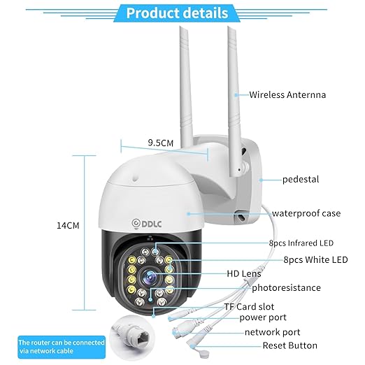 DDLC Smart 1080p Wireless WiFi IP CCTV Security 1080p PTZ Outdoor IP66 Waterproof Pan Tilt Speed Dome Home Surveillance Camera with Motion Detection Two Way Audio Communication (Black PTZ)